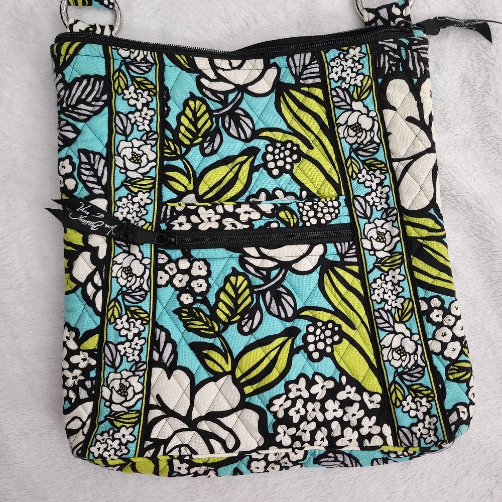 VERA BRADLEY Floral Quilted Fabric Messenger Crossbody Bag Multicolor Teal Black - Picture 2 of 8